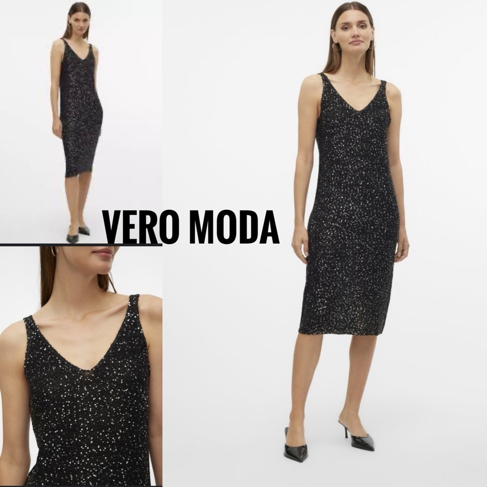 ❤️BNWT Vero Moda Women’s VMLEILANI NEW STRAP V-NECK BLK DRESS size S